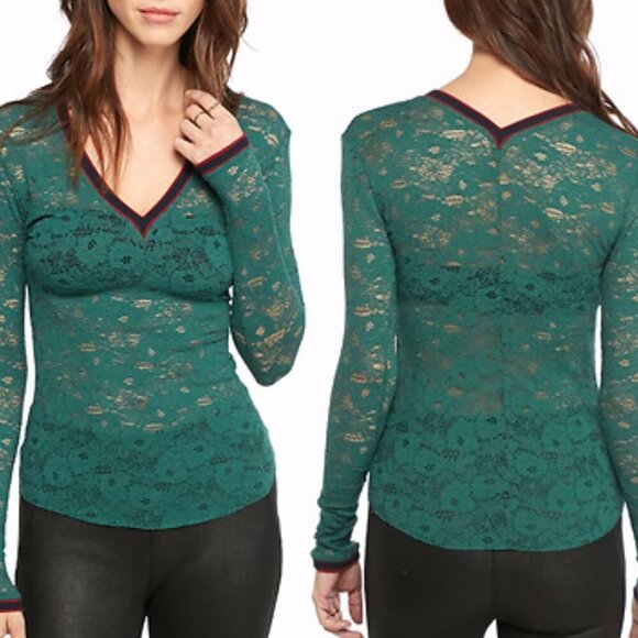 Free People Intimately Green V Neck Floral Lace Long Sleeve Top - Picture 1 of 5